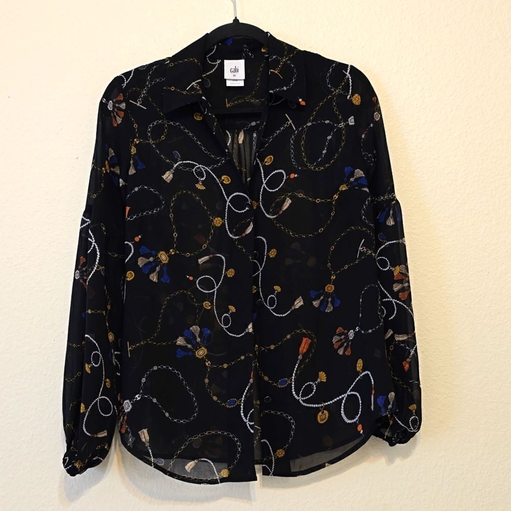 CABI #3861 Womens X Small Black Victoria Equestrian Button Down Sheer Blouse